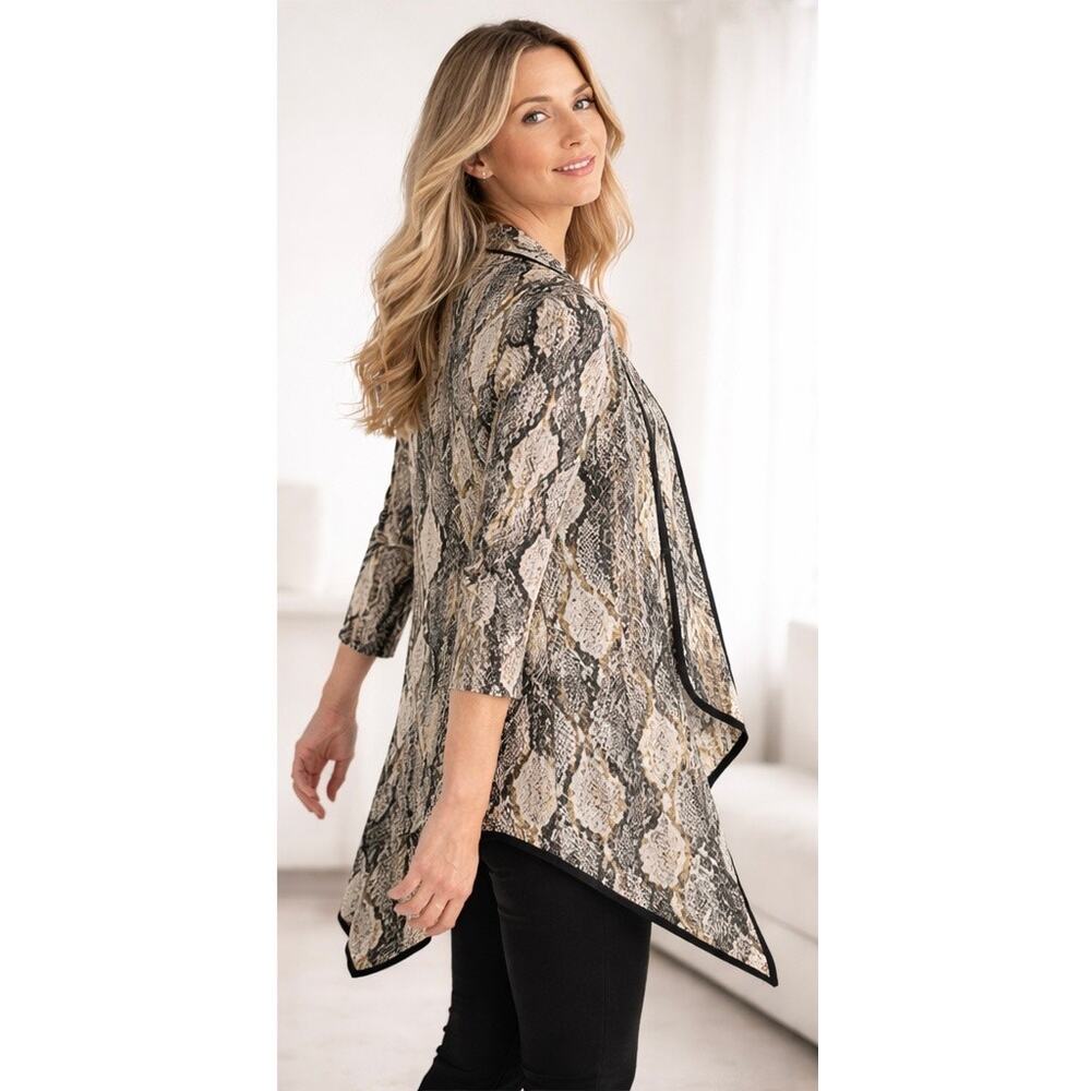 Frank Lyman Animal Metallic Print Cardigan Jacket Size 6 Open Shrug Slinky Knit